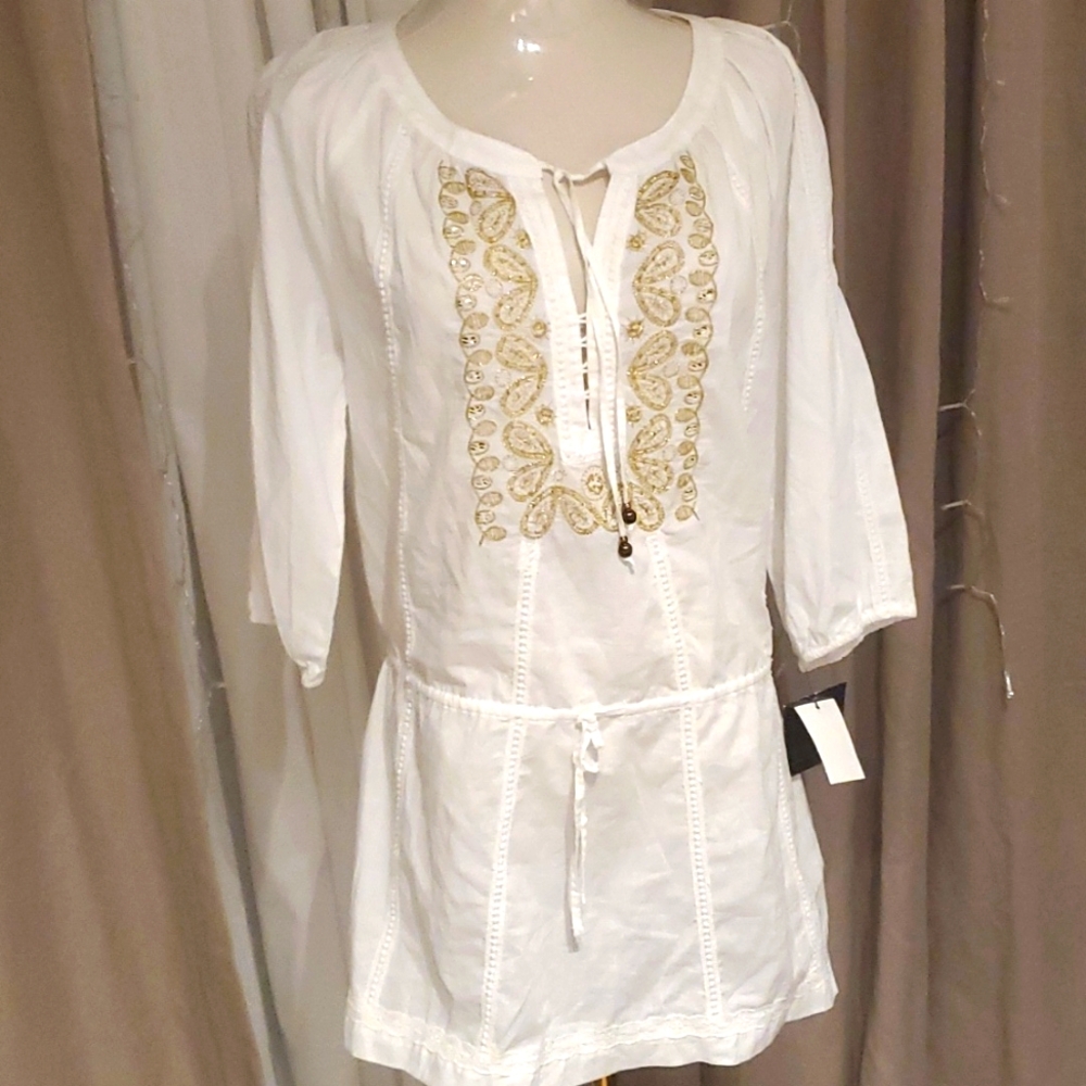 NWT Alfani White 100% Cotton gold embroidery blouse size 4
